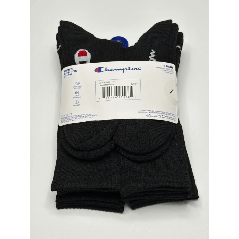 Champion Mens Black‎ Performance Cushion Crew Socks 5 Pair Pack Shoe Size 6-12